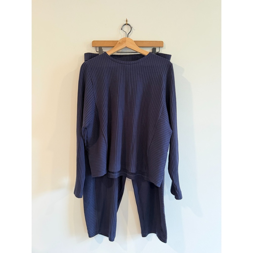 Eileen Fisher Ribbed Lounge Set L/XL Navy Blue Pants Shirt Tencel Cozy Travel